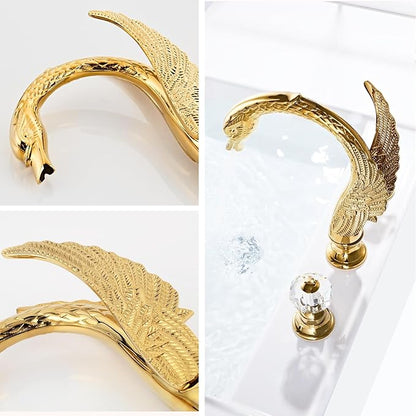 Golden Ornate Swan Style Bathroom Sink Faucet Combo Deck Mount Sink Mixer Tap Set Hot Cold Water