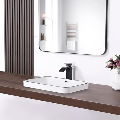 Bathroom Vessel Sink 20.6'' x 14.7'' Semi Recessed Bathroom Sink Rectangular Drop-in Vanity Sink with Overflow White with Black Rim Ceramic Modern Art Basin