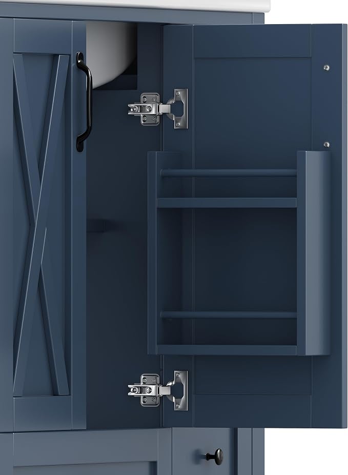 36" Bathroom Vanity with Sink, Freestanding Bathroom Cabinet | Ceramic Top & Backsplash, 4 Storage Drawers, X-Shaped Doors, Adjustable Shelving, Door Storage and Towel Bar, Navy Blue