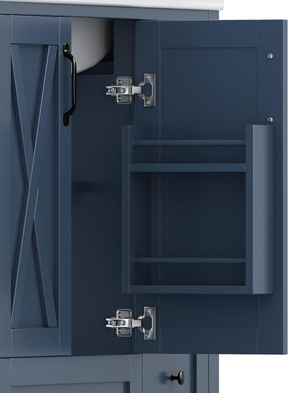 36" Bathroom Vanity with Sink, Freestanding Bathroom Cabinet | Ceramic Top & Backsplash, 4 Storage Drawers, X-Shaped Doors, Adjustable Shelving, Door Storage and Towel Bar, Navy Blue