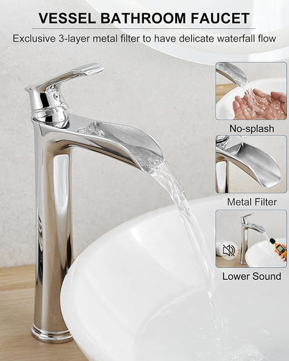 Bathroom Waterfall Faucet, Brass Tall Chrome Bathroom Faucet One Handle, Vessel Sink Faucet 1 Hole, Faucet for Bathroom Sink with Pop-Up Drain & Supply Hoses for Vanity Lavatory RV Farmhouse