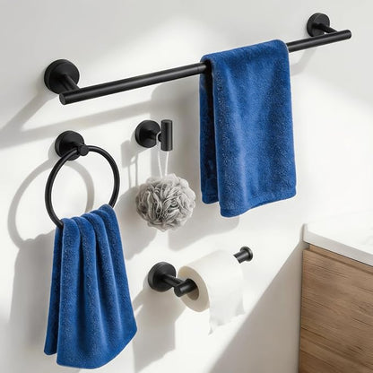 HOMOTEK 4 Pieces Bathroom Accessories Hardware Set, 24 inch Towel Bar, Towel Ring, Robe Hook, Toilet Paper Holder, Stainless Steel Rack Kit Wall Mounted, Matte Black