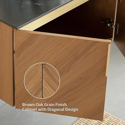 48 Inch Bathroom Vanity with Single Sink, Floating Bathroom Vanity with Vessel Sink, Modern Bathroom Vanity Cabinet with 3 Doors, Sintered Stone Countertop and Stone-Patterned Basin,Brown Oak