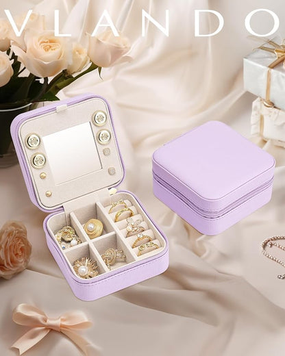VLANDO Travel Jewelry Case with Mirror, Storage 3 Pairs of Stud Earrings | Necklace Hook for Anti-tangle, Removable Dividers, Waterproof PU Leather,Portable Storage for Rings, Necklace Gifts for Women