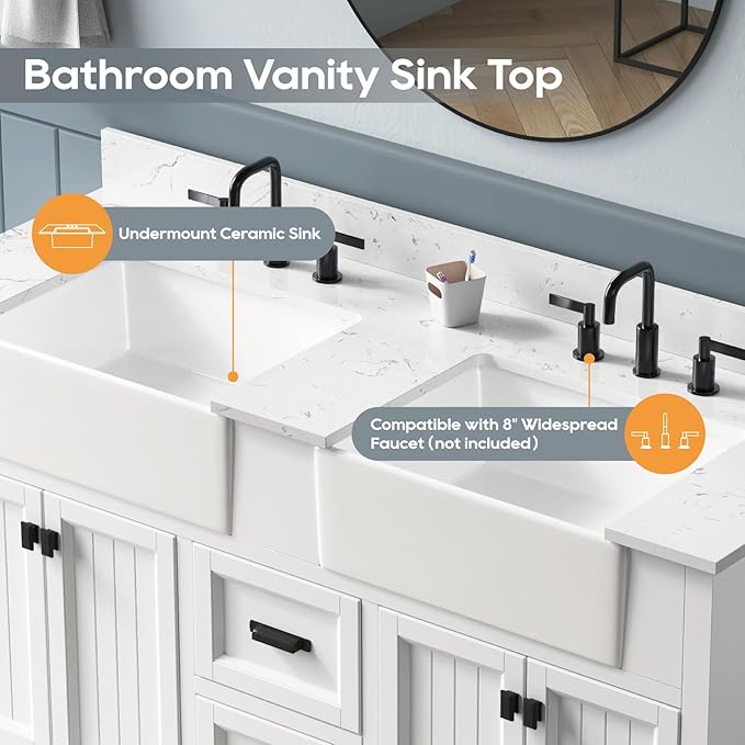 60 Inch Bathroom Vanity with Double Sink, Solid Wooden Frame Bathroom Storage Cabinet, Modern Bathroom Vanities Set Bathroom Cabinet with Soft Closing Doors & Drawers-White