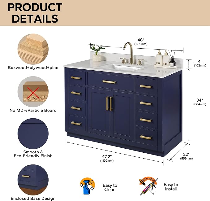 48-inch Bathroom Vanity with Sink, Solid Wood, 0.79-inch Stone Countertop and Backsplash, 9 Drawers, 2 Soft Closing Doors -Royal Blue