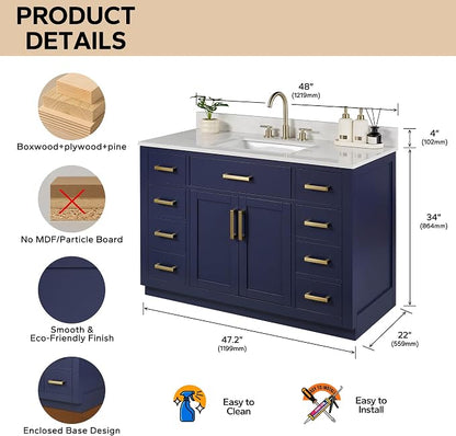 48-inch Bathroom Vanity with Sink, Solid Wood, 0.79-inch Stone Countertop and Backsplash, 9 Drawers, 2 Soft Closing Doors -Royal Blue
