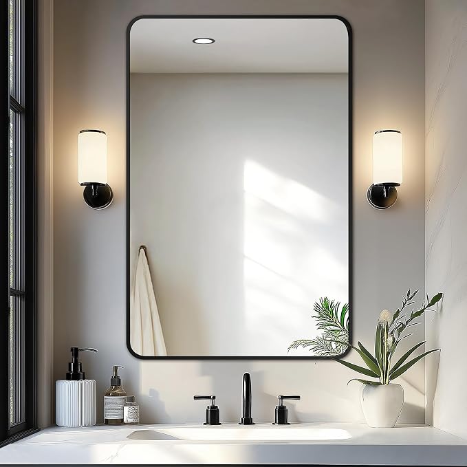 Bathroom Vanity Mirror, Black Framed Mirror for Over Sink, 36x24 | HD glass, distortion-free for makeup and grooming, Sturdy frame, all mounting hardware, hangs horizontal or vertical