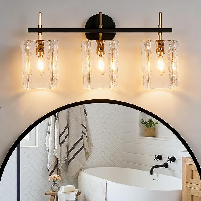 3-Light Bathroom Vanity Lights Over Mirror, Black and Gold Bathroom Light Fixture with Clear Glass Shade, Modern Bathroom Wall Sconce Lighting for Mirror, Living Room, Adjustable (E12)