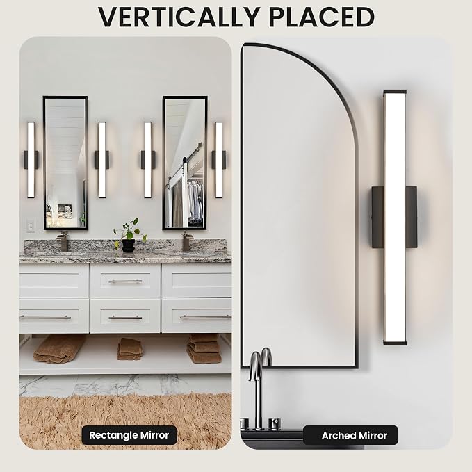 Modern LED Bathroom Vanity Light 24 inch 18W Dimmable 3CCT Bathroom Light Fixture Over Mirror Rectangle Bath Vanity Light Bar with Double Layer Acrylic Shade (Matte Black)