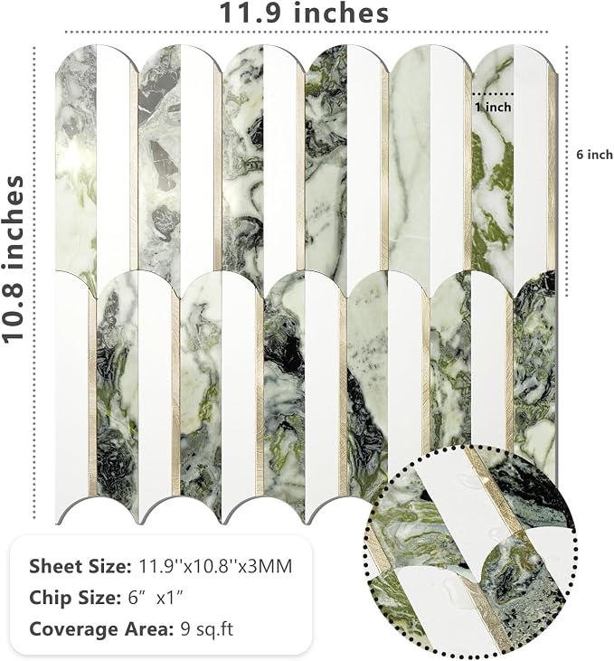 Vamos Tile Peel and Stick Backsplash Seamless Tile,Fish Scale,Glossy,10 pcs | Stick on Backsplash for Kitchen & Bathroom, White+Ice Green Marble+Light Gold PVC Self Adhesive Mosaic Tiles 11.9''x10.8''