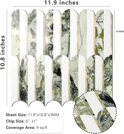 Vamos Tile Peel and Stick Backsplash Seamless Tile,Fish Scale,Glossy,10 pcs | Stick on Backsplash for Kitchen & Bathroom, White+Ice Green Marble+Light Gold PVC Self Adhesive Mosaic Tiles 11.9''x10.8''