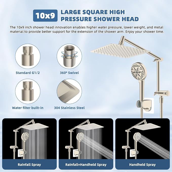 Metal Rain Shower Head with Handheld, 10" High-Pressure Showerhead,10-Mode | Brushed Nickel, Rainfall Shower Head with 5" Large Handheld, Adjustable 16" Shower Extension Arm/71" Hose, 3-Way Diverter