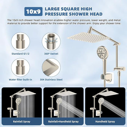 Metal Rain Shower Head with Handheld, 10" High-Pressure Showerhead,10-Mode | Brushed Nickel, Rainfall Shower Head with 5" Large Handheld, Adjustable 16" Shower Extension Arm/71" Hose, 3-Way Diverter