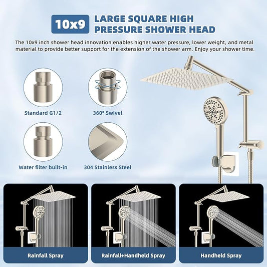Metal Rain Shower Head with Handheld, 10" High-Pressure Showerhead,10-Mode | Brushed Nickel, Rainfall Shower Head with 5" Large Handheld, Adjustable 16" Shower Extension Arm/71" Hose, 3-Way Diverter