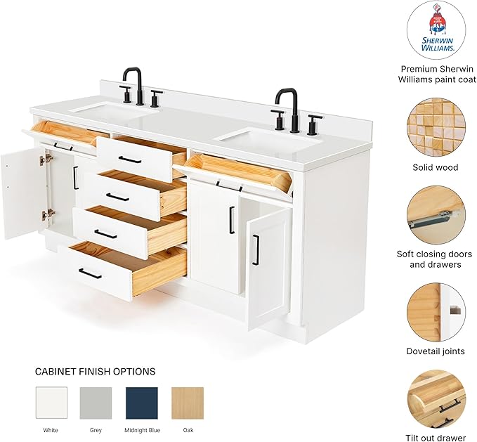DKB Isabella 72 Inch Bathroom Vanity Double Sink — White Bathroom Vanity with Sink, 1.5" Edge Pure White Quartz Countertop, 4 Soft-Close Doors, 4 Dovetail Drawers, and 2 Tilt Drawers