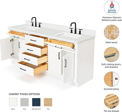 DKB Isabella 72 Inch Bathroom Vanity Double Sink — White Bathroom Vanity with Sink, 1.5" Edge Pure White Quartz Countertop, 4 Soft-Close Doors, 4 Dovetail Drawers, and 2 Tilt Drawers