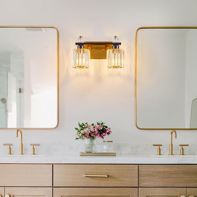 Bathroom Vanity Lights 2-Light Black Gold Modern Crystal Vanity Light Fixtures Over Mirror Crystal Bathroom Vanity Lighting Fixtures