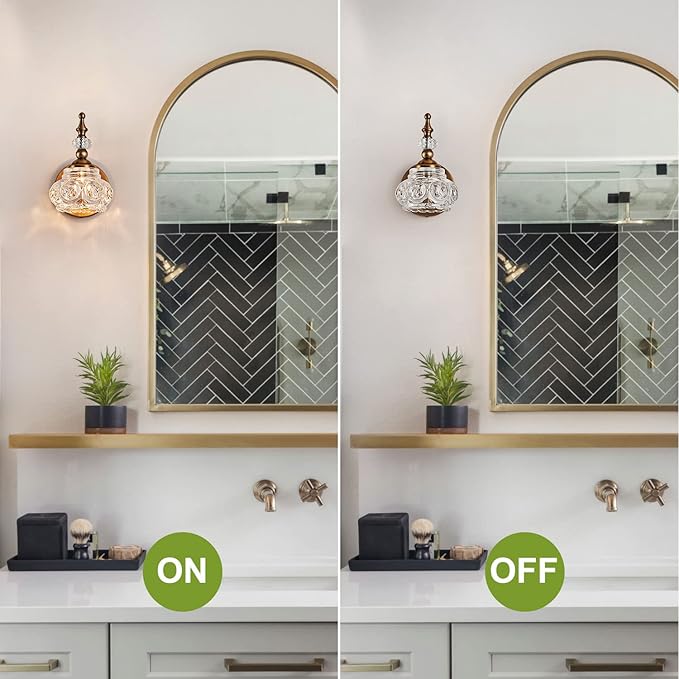 Vintage Wall Sconces, 1-Light Wall Lighting with Crystal Glass Shade, Matte Brushed Antique Brass Finish, Crystal Wall Light, Wall Lamp for Bathroom, Bedroom,Hallway(G9 Base)