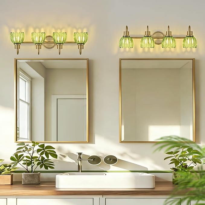 4-Light Bathroom Light Fixtures, 27" Vintage Gold Vanity Lights for Bathroom, Modern Vanity Lights with Ribbed Green Tulip Glass Shade, Wall Lamp for Mirror Living Room Hallway