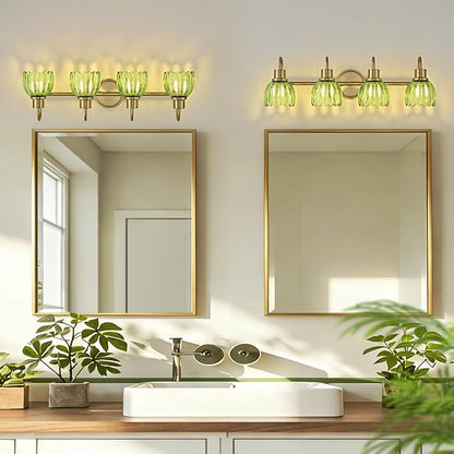 4-Light Bathroom Light Fixtures, 27" Vintage Gold Vanity Lights for Bathroom, Modern Vanity Lights with Ribbed Green Tulip Glass Shade, Wall Lamp for Mirror Living Room Hallway