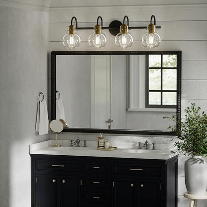 4 Light Bathroom Light, Brushed Gold and Black Vanity Lighting Fixtures, Bathroom Wall Mounted Sconces Vanity Lights Over Mirror with Globel Glass Shade, E26 Base