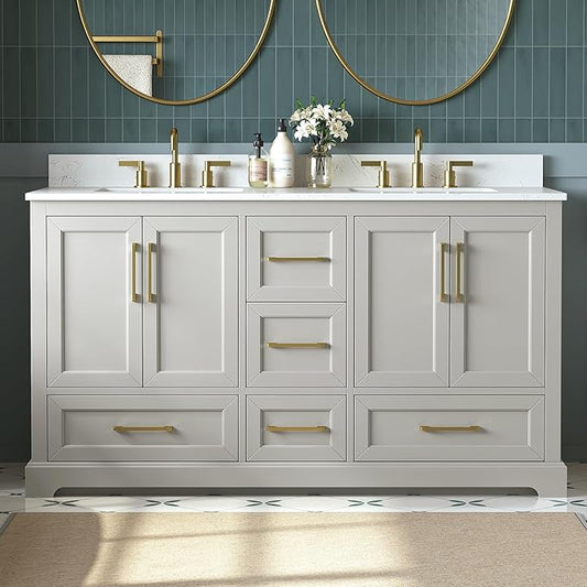 60 Inch Bathroom Vanity with Double Sink Combo, Solid Wood Frame with Mable Top &Backspalsh, Fully-Assembled with Soft-Closing Doors & 5 Drawers, Greige