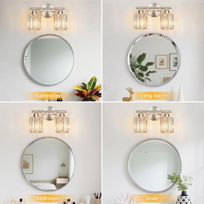 Modern 2 Light Crystal Vanity Light, Brushed Nickel Vertical Bathroom Light Fixture Over Mirror for Dressing Table Sink, Compatible with Dimmable Bulbs (Bulbs Not Included)