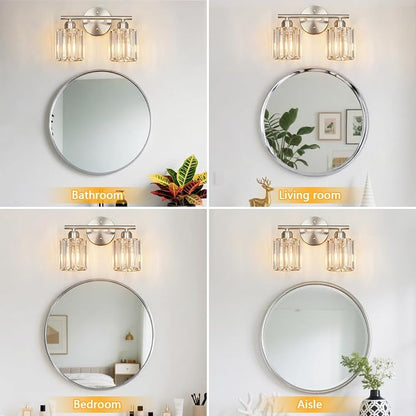 Modern 2 Light Crystal Vanity Light, Brushed Nickel Vertical Bathroom Light Fixture Over Mirror for Dressing Table Sink, Compatible with Dimmable Bulbs (Bulbs Not Included)