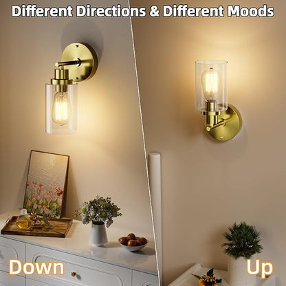 Bathroom Wall Sconce with Clear Glass Shade, Brushed Gold Vanity Light | E26 Bulb Base, Clear Glass Shade, Modern Wall Light Fixture for Mirror, Bedroom, Hallway, Wall Lamp Wall Mount Light