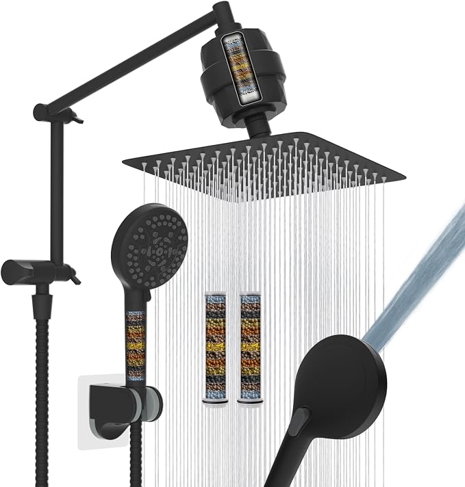 Metal Rain Filtered Shower Head with Handheld, 10" High-Pressure,10-Mode | Black, Rainfall Showerhead with 5" Large Handheld Powerful Wash Mode, Adjustable 16" Extension Arm/71" Hose, 20-Stage Filter