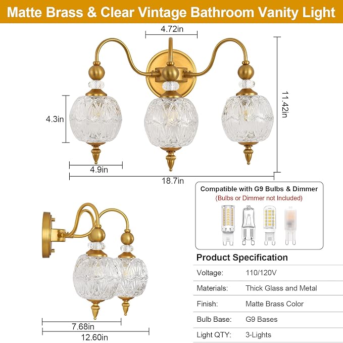 Vintage 3-Light Bathroom Vanity Light Over Mirror, Matte Brass | 18.7in Wide Farmhouse Bathroom Decor, Ribbed Glass Shades, G9 base, Wall Mounted, Mid Century Wall Sconces Vanity Lighting