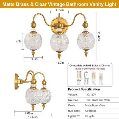 Vintage 3-Light Bathroom Vanity Light Over Mirror, Matte Brass | 18.7in Wide Farmhouse Bathroom Decor, Ribbed Glass Shades, G9 base, Wall Mounted, Mid Century Wall Sconces Vanity Lighting