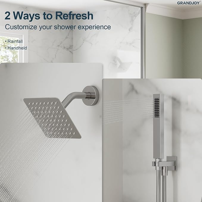 Wall Mount Shower System with Handheld Shower, Polished Chrome | 6-inch rain head, pressure-balanced brass valve, 2-function control and included 59-inch hose