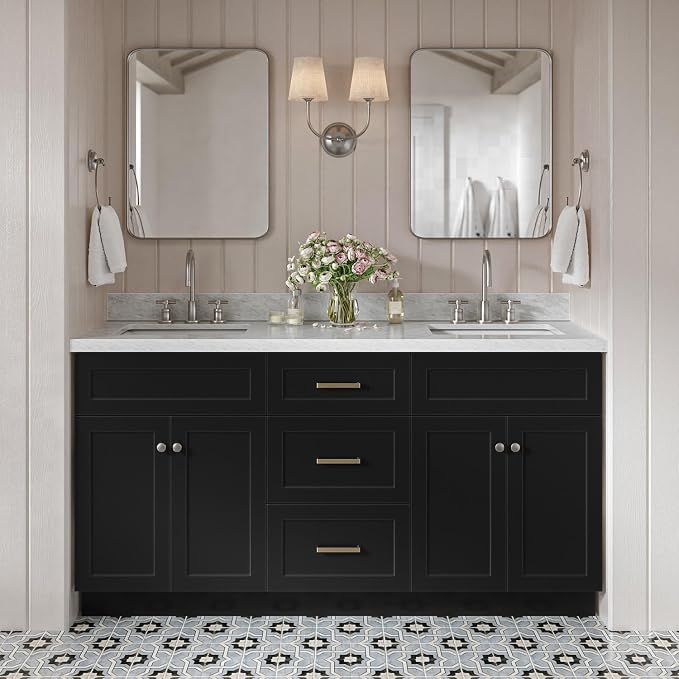 Bradford 66" Black Double Bathroom Vanity, 1.5" Edge Italian Carrara Marble Countertop, Rectangular Undermount Sinks, 2 Soft Closing Doors, 3 Dovetail Drawers, Brushed Nickel