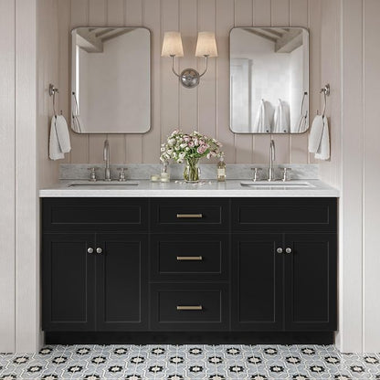 Bradford 66" Black Double Bathroom Vanity, 1.5" Edge Italian Carrara Marble Countertop, Rectangular Undermount Sinks, 2 Soft Closing Doors, 3 Dovetail Drawers, Brushed Nickel