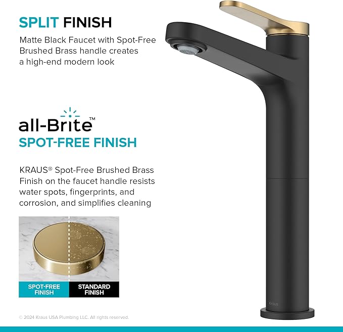KRAUS Indy Bathroom Faucet for Vessel Sink in Spot-Free Brushed Brass/Matte Black with Single Handle, Pop Up Drain and Supply Lines, KVF-1410SFBBMB