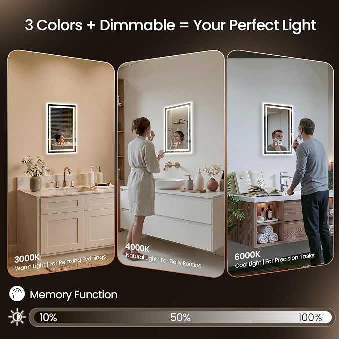 16x24 LED Bathroom Mirror with Anti-Fog, Backlit & Front Lit, Memory | Stepless Dimmable 3 Color CRI 95+ Shatterproof Tempered Glass ETL Listed for Safety Lighted Bathroom Vanity Mirror for Wall