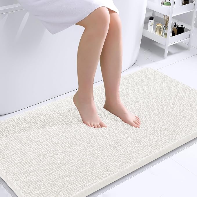 OLANLY Bathroom Runner Rugs 45x27, Extra Soft Absorbent Chenille Bath Rugs | Ivory, Quick-Drying Rubber Backing, Machine Washable Long Bath Mat for Bathroom Floor, Tub and Shower, Home Decor Accessories