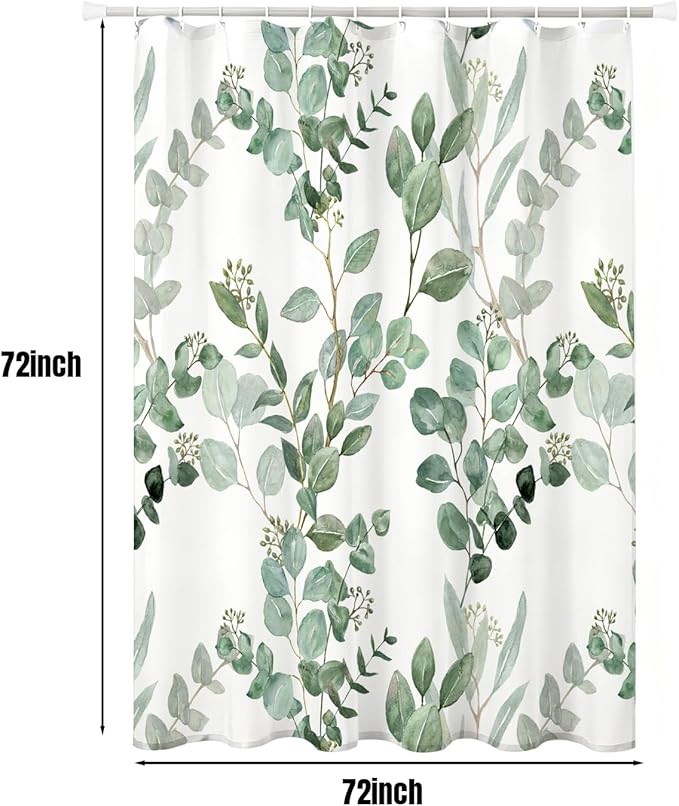 Green Eucalyptus Shower Curtain, Watercolor Floral Pattern with Plant Leaves, Waterproof Polyester Fabric ShowerCurtains Sets with Hooks for Bathroom 72x72 Inches