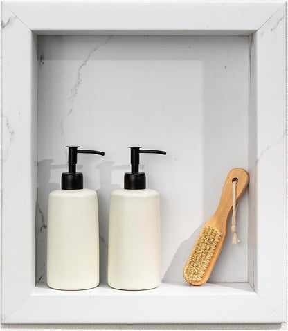 Palisade 17.5 in x 15.5 in Vinyl Shower Niche Carrara Marble/Urban Glacier | Waterproof Shower Insert