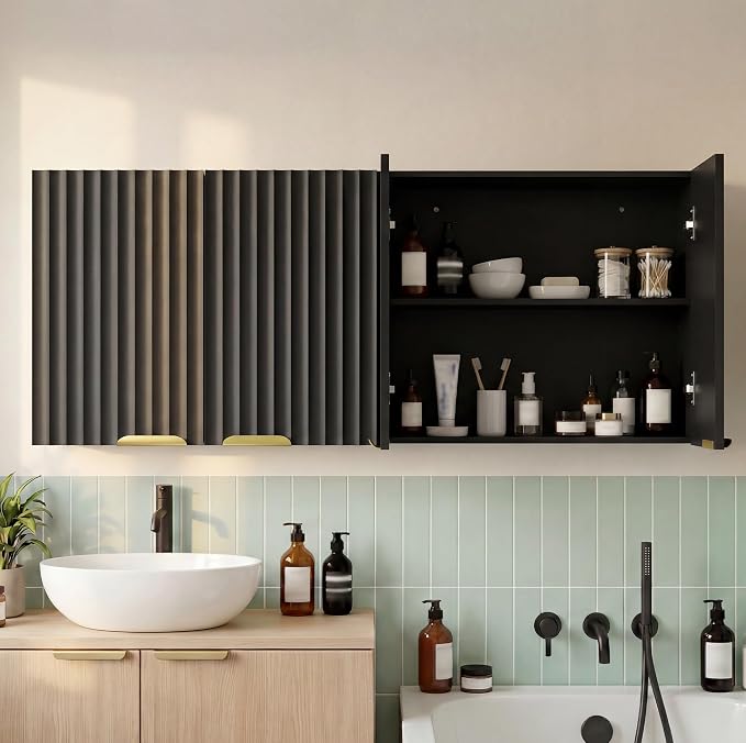 ChooChoo Bathroom Wall Cabinet, Laundry Room Cabinet with 4 Fluted Doors | Kitchen Storage Cupboard Cabinet with Adjustable Shelf, Fluted Wall-Mounted Medicine Cabinet for Kitchen, Garage, Black