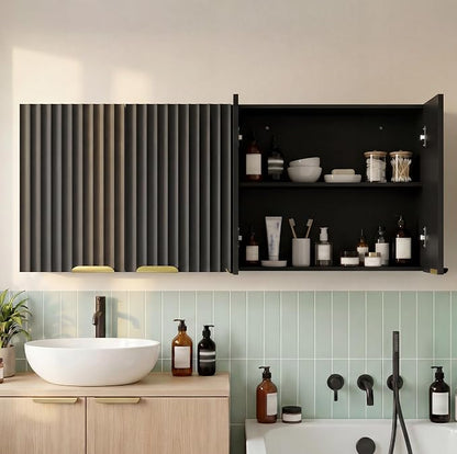 ChooChoo Bathroom Wall Cabinet, Laundry Room Cabinet with 4 Fluted Doors | Kitchen Storage Cupboard Cabinet with Adjustable Shelf, Fluted Wall-Mounted Medicine Cabinet for Kitchen, Garage, Black