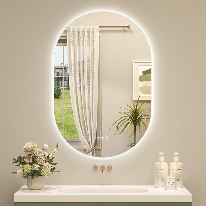 OKPAL Backlit Oval LED Mirror for Bathroom 24 x 36, Pill-Shaped Lighted Vanity Mirror with Lights, Anit-Fog, Dimmable, Memory, Shatterproof, UL (Horizontal/Vertical)