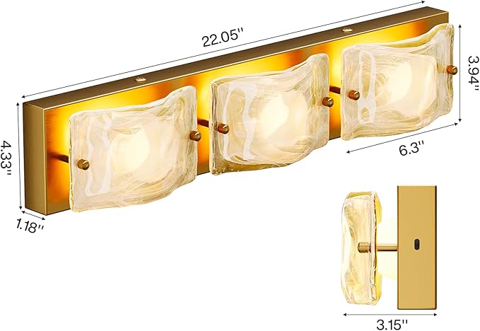 Tribesigns 3-Light Vanity Fixtures, Curved Cloud Glass Lampshades Gold Copper Plate, Modern Bathroom Wall Lighting Fixtures Over Mirror, 3CCT LED Vanity Lights (22-Inch, 3000K/4000K/5000K, Dimmable)