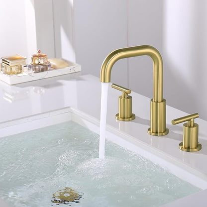 ChiLDano Brushed Gold Bathroom Faucets 3 Hole with Drain and Supply Hose | 2 Handles Brushed Gold Widespread Bathroom Faucet for Sink 3 Hole, 8 inch Bathroom Sink Countertop Faucet Matte Gold CH3166BG