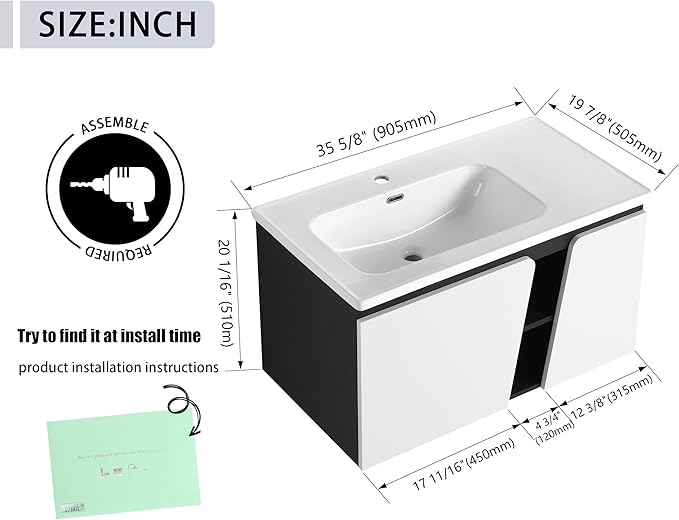 36 Inch Bathroom Vanity with Sink, 36" Floating Bathroom Vanity, Plywood Wooden Cabinet with Soft Close Doors, Modern Wall Mounted Cabinet Set, Ceramic Sink Included