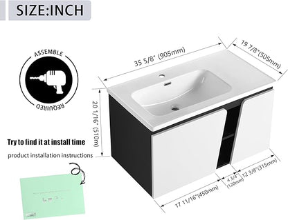 36 Inch Bathroom Vanity with Sink, 36" Floating Bathroom Vanity, Plywood Wooden Cabinet with Soft Close Doors, Modern Wall Mounted Cabinet Set, Ceramic Sink Included