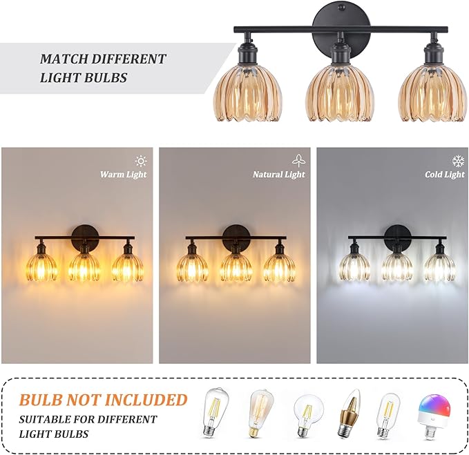 Bathroom Light Fixtures, 3-Light Black Vanity wall Light Over Mirror with Amber Tulip Glass Shade for Bedroom Living Room (Bulb Not Included)