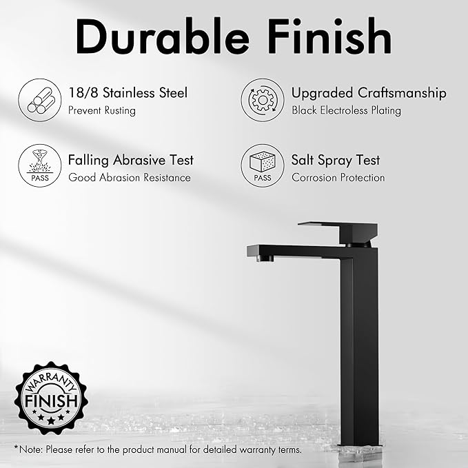 KES Vessel Sink Faucet, Black Bathroom Faucets, Tall Bathroom Faucets with Sink Drain with Overflow, L3156BLFF12-BK-C1